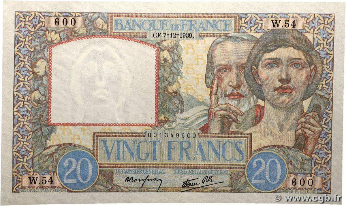 20 Francs TRAVAIL ET SCIENCE FRANKREICH  1939 F.12.01 VZ+