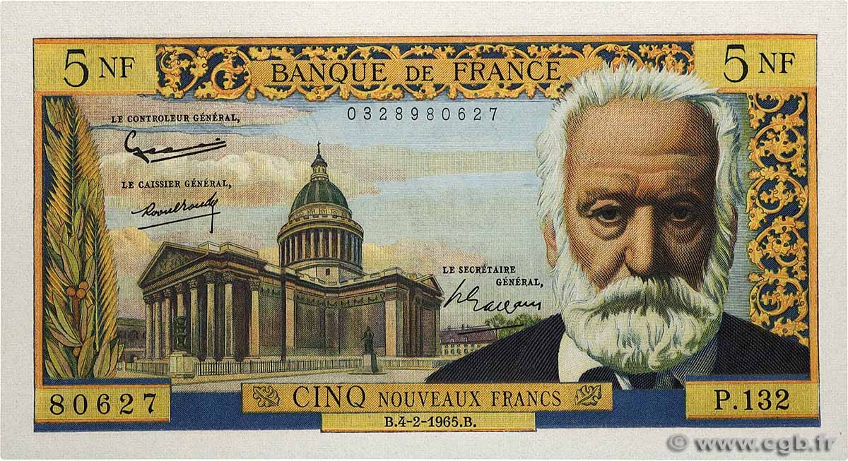 5 Nouveaux Francs VICTOR HUGO FRANCE  1965 F.56.17 UNC-
