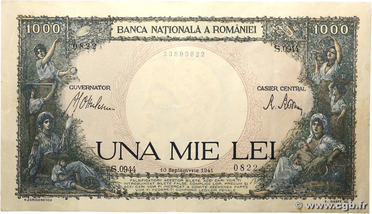 1000 Lei RUMÄNIEN  1941 P.052a fVZ