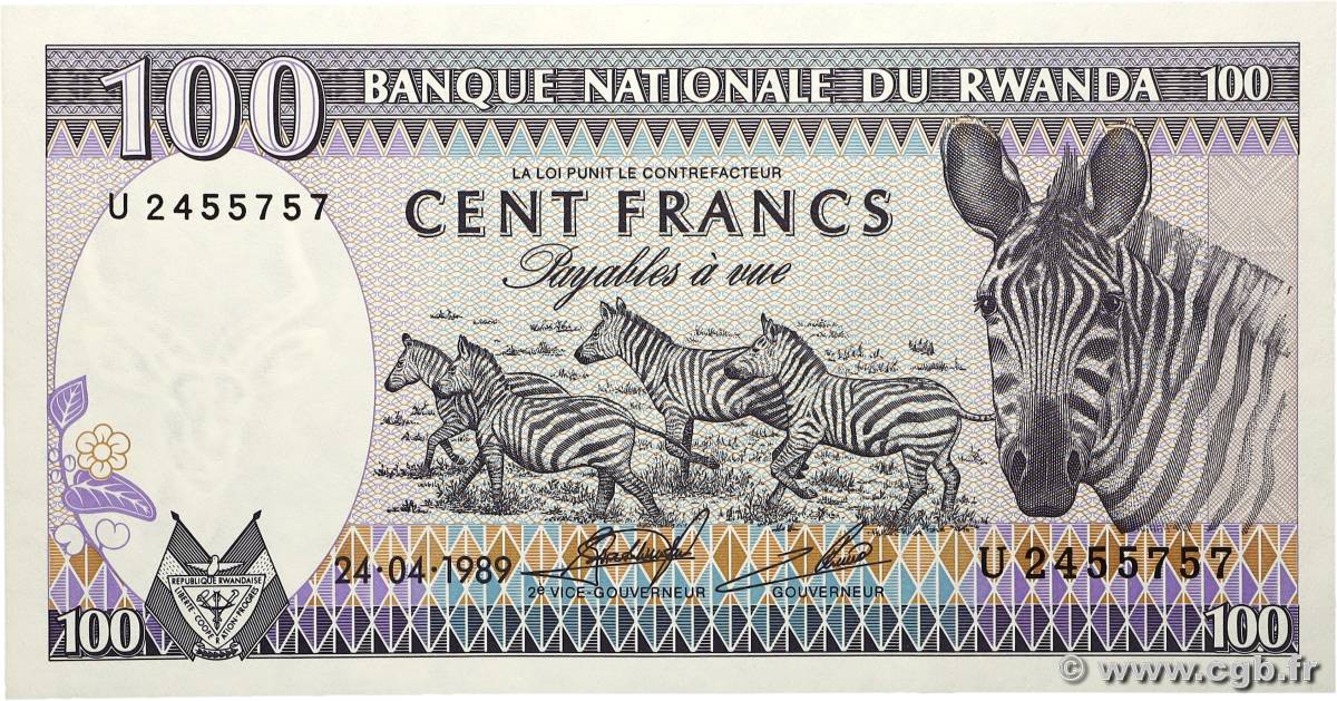 100 Francs RWANDA  1989 P.19 NEUF