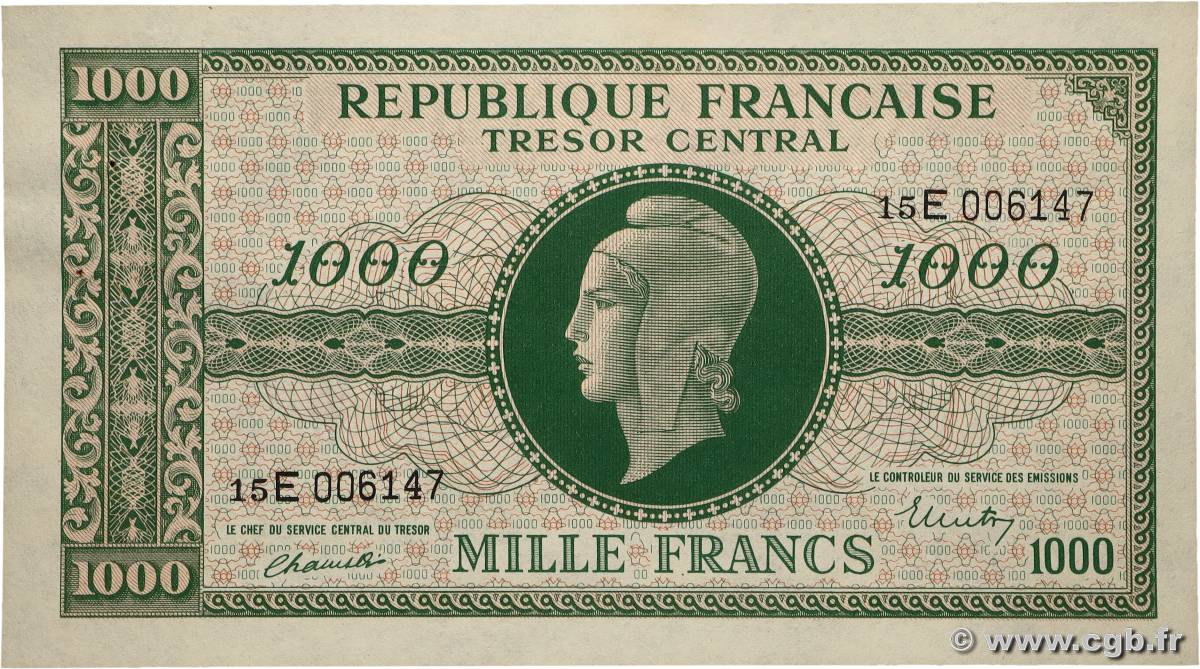 1000 Francs MARIANNE THOMAS DE LA RUE FRANCE  1945 VF.13.02 SPL