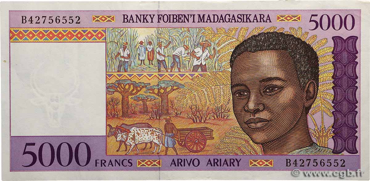 5000 Francs - 1000 Ariary MADAGASCAR  1994 P.078b pr.SUP