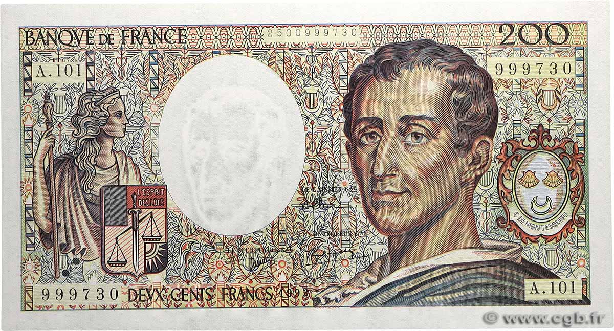 200 Francs MONTESQUIEU alphabet 101 FRANCE  1992 F.70bis.01 UNC