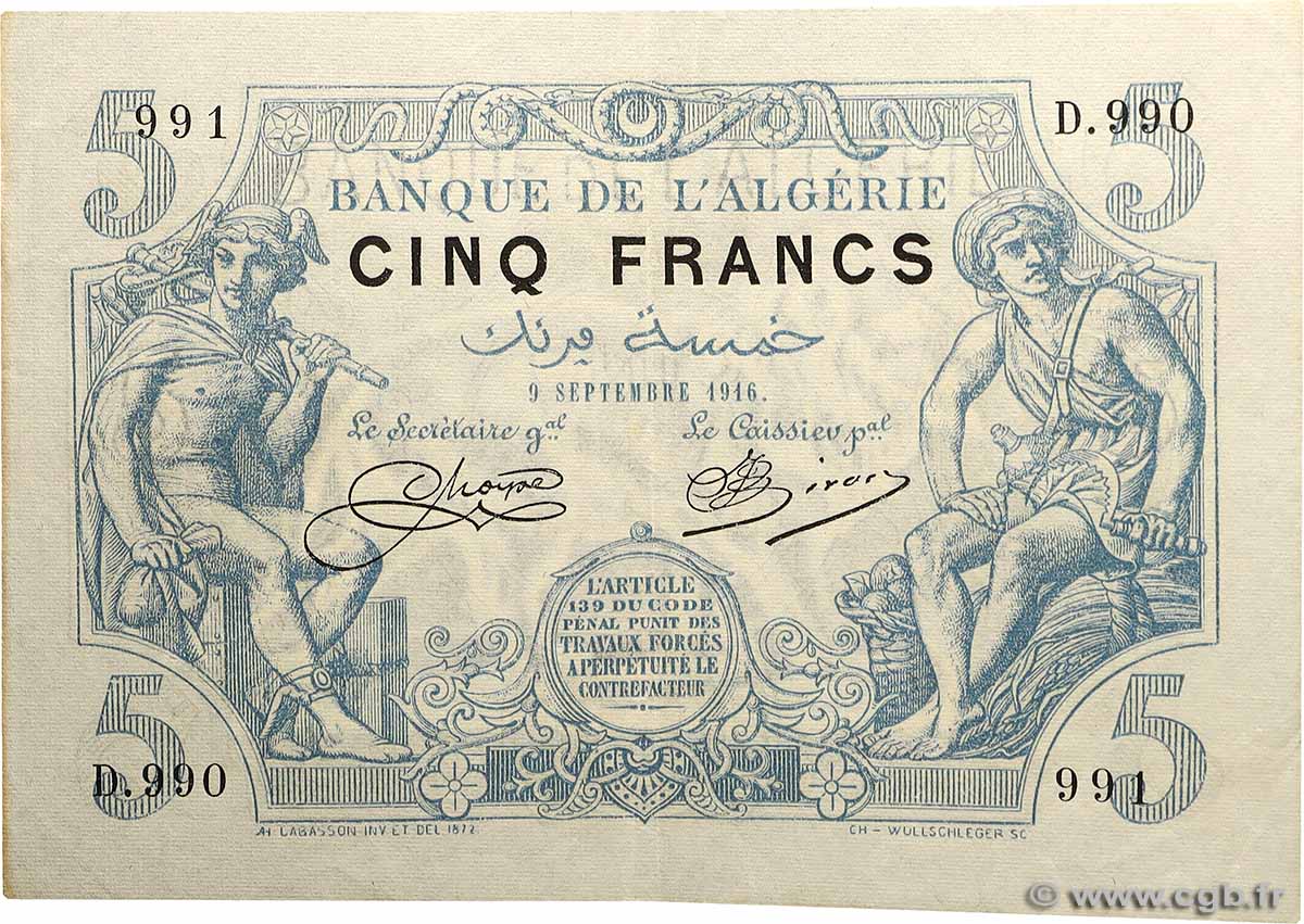 5 Francs ALGERIEN  1916 P.071a fVZ