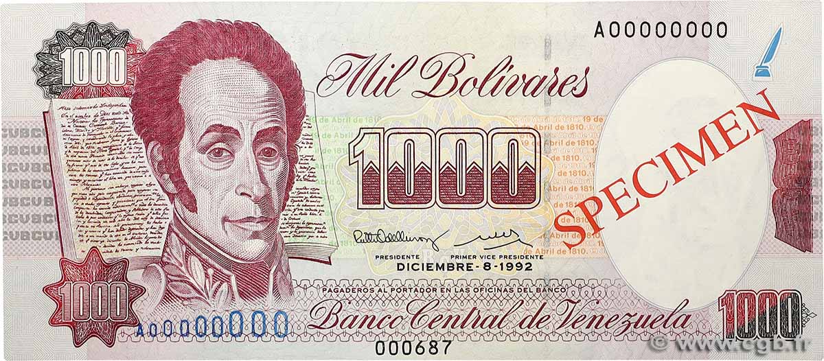 1000 Bolivares Spécimen VENEZUELA  1991 P.073s1 pr.NEUF