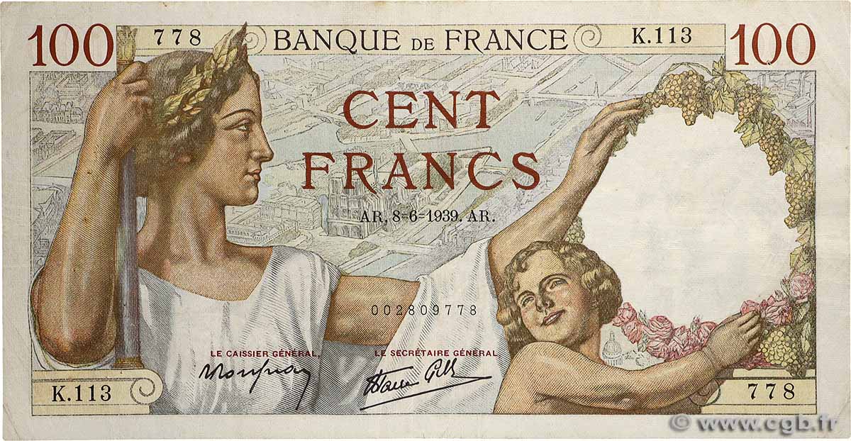 100 Francs SULLY FRANCE  1939 F.26.02 F