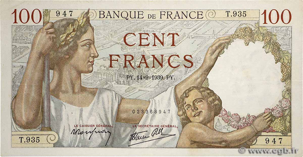 100 Francs SULLY FRANCE  1939 F.26.06 F+