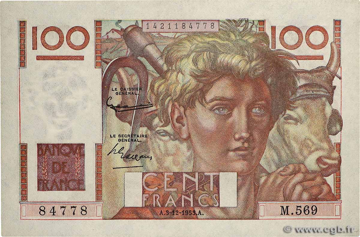 100 Francs JEUNE PAYSAN FRANCE  1953 F.28.40 AU-