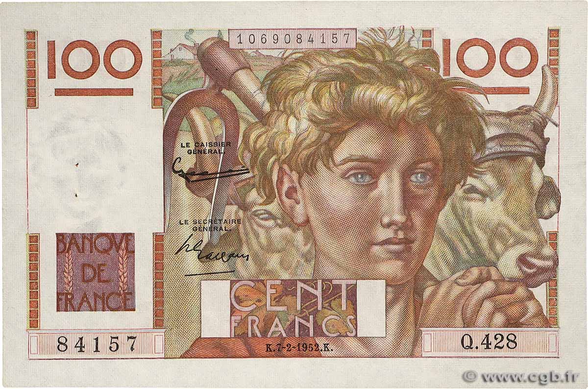 100 Francs JEUNE PAYSAN FRANCE  1952 F.28.31 VF+