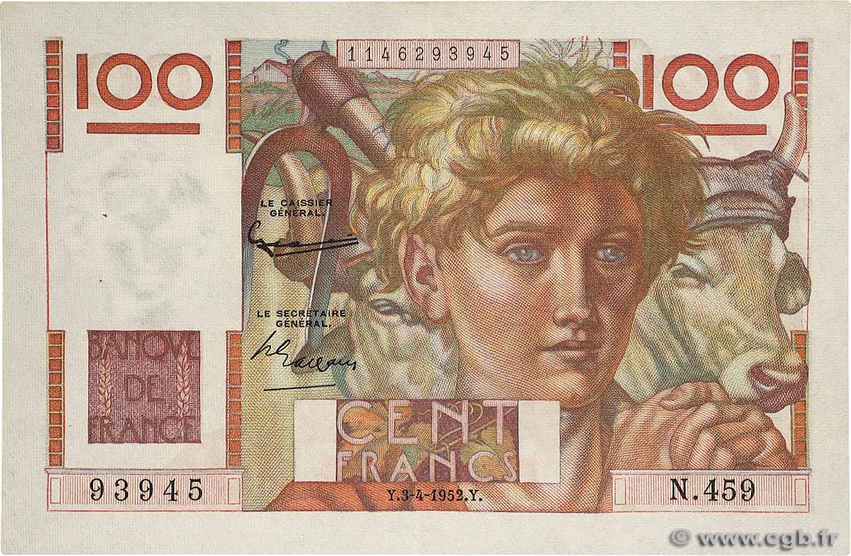 100 Francs JEUNE PAYSAN FRANCE  1952 F.28.32 XF