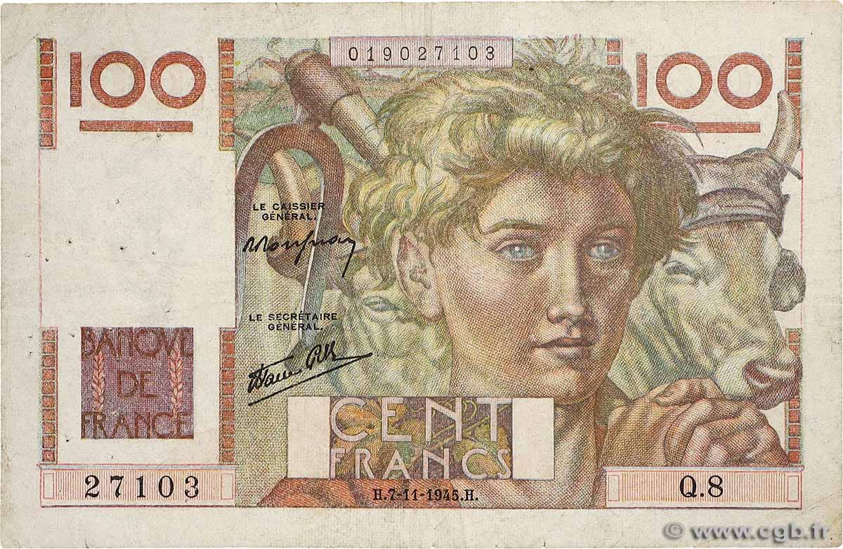 100 Francs JEUNE PAYSAN FRANCE  1945 F.28.01 VG