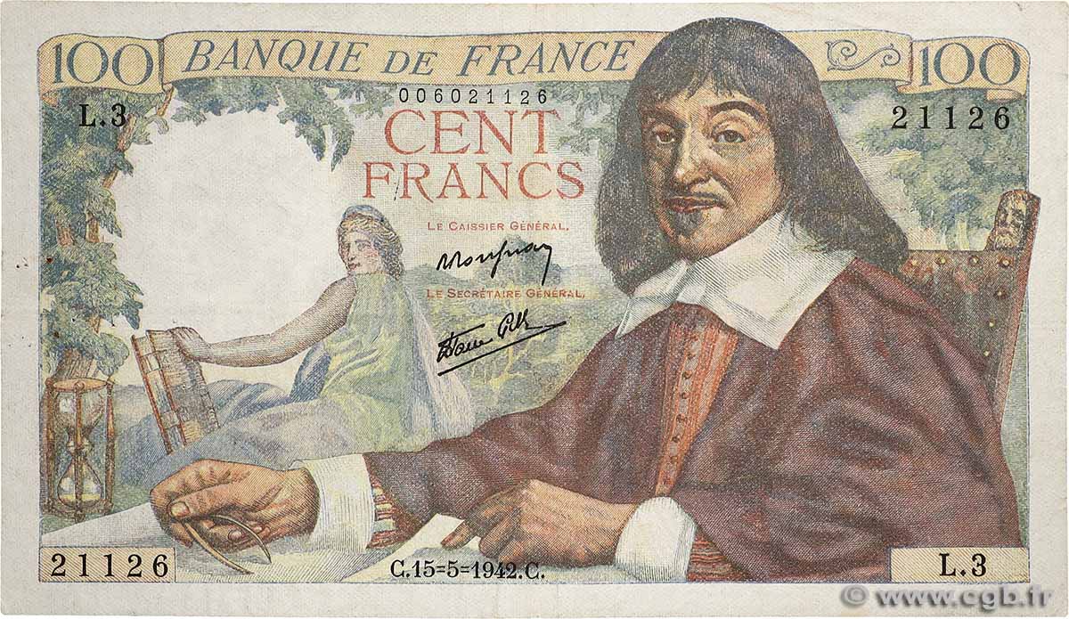 100 Francs DESCARTES FRANCE  1942 F.27.01 F
