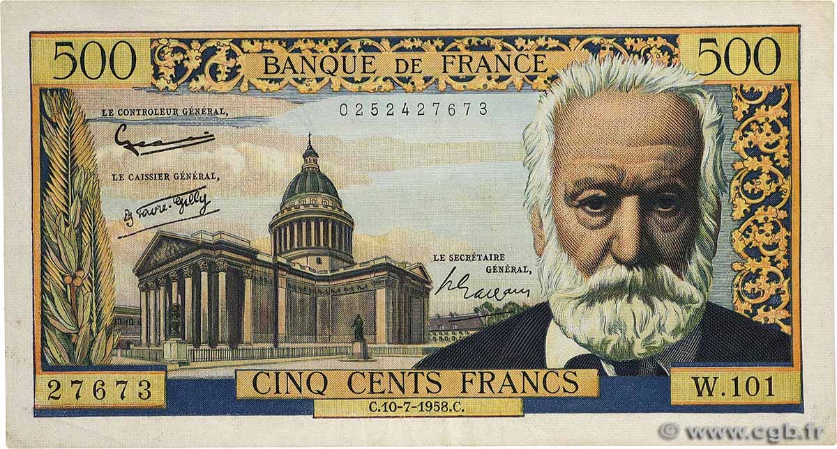 500 Francs VICTOR HUGO FRANCE  1958 F.35.09 VF