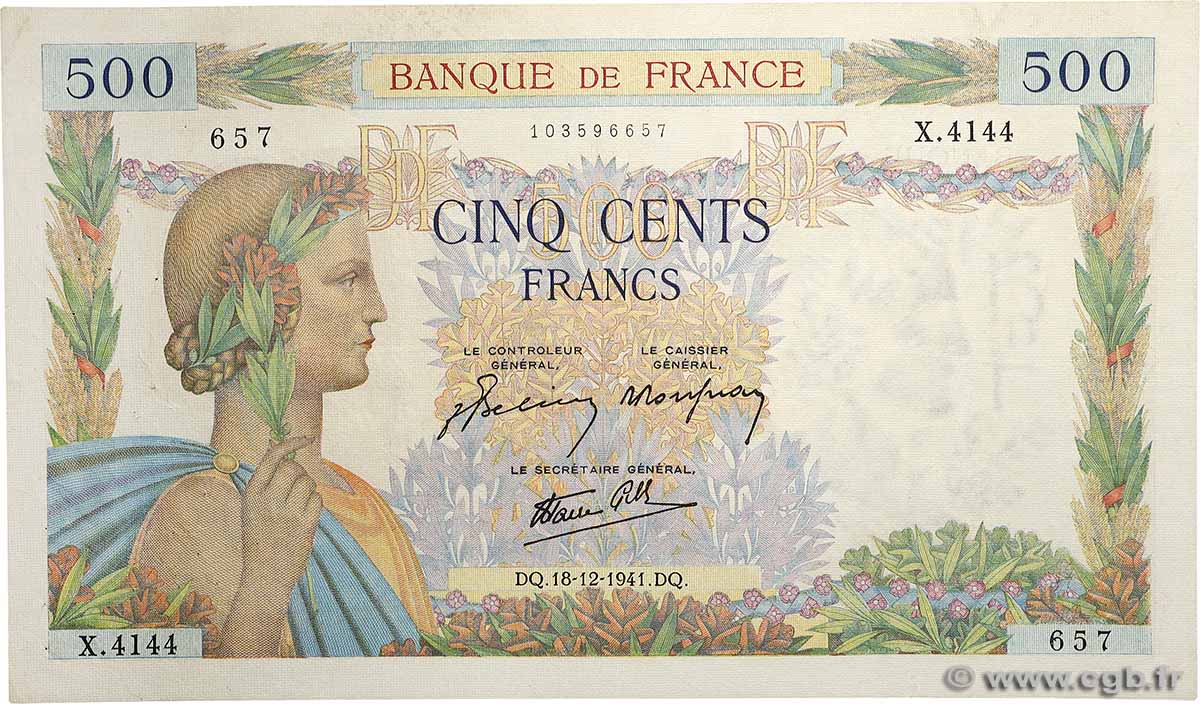 500 Francs LA PAIX FRANCE  1941 F.32.25 VF-
