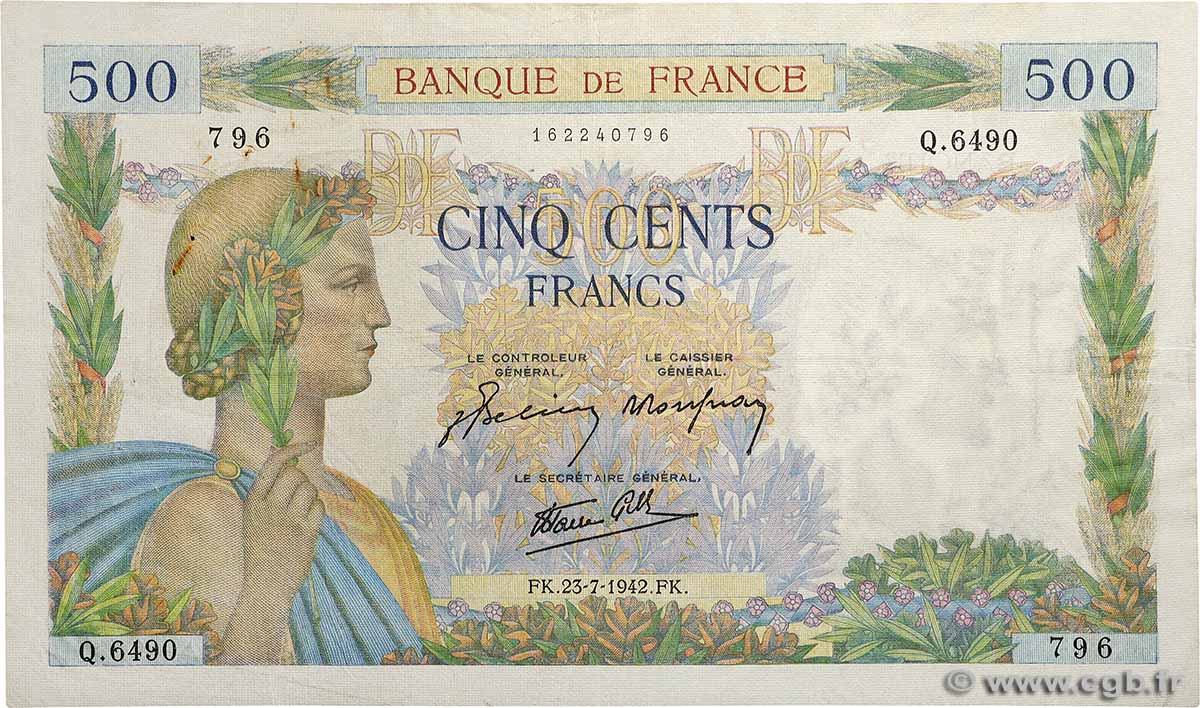 500 Francs LA PAIX FRANCE  1942 F.32.38 VF