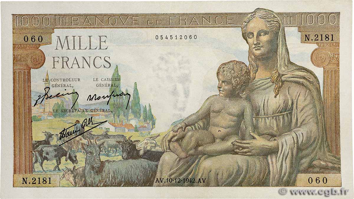 1000 Francs DÉESSE DÉMÉTER FRANCE  1942 F.40.13 VF