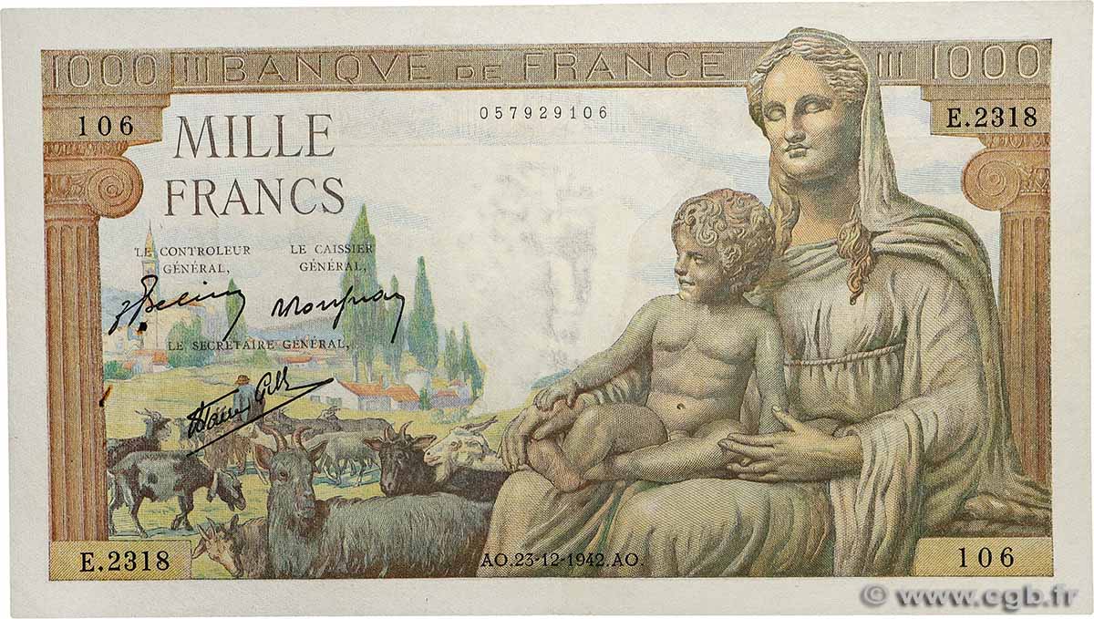 1000 Francs DÉESSE DÉMÉTER FRANCE  1942 F.40.14 VF