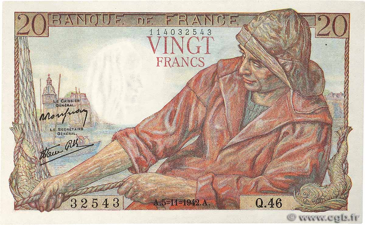 20 Francs PÊCHEUR FRANCE  1942 F.13.04 XF
