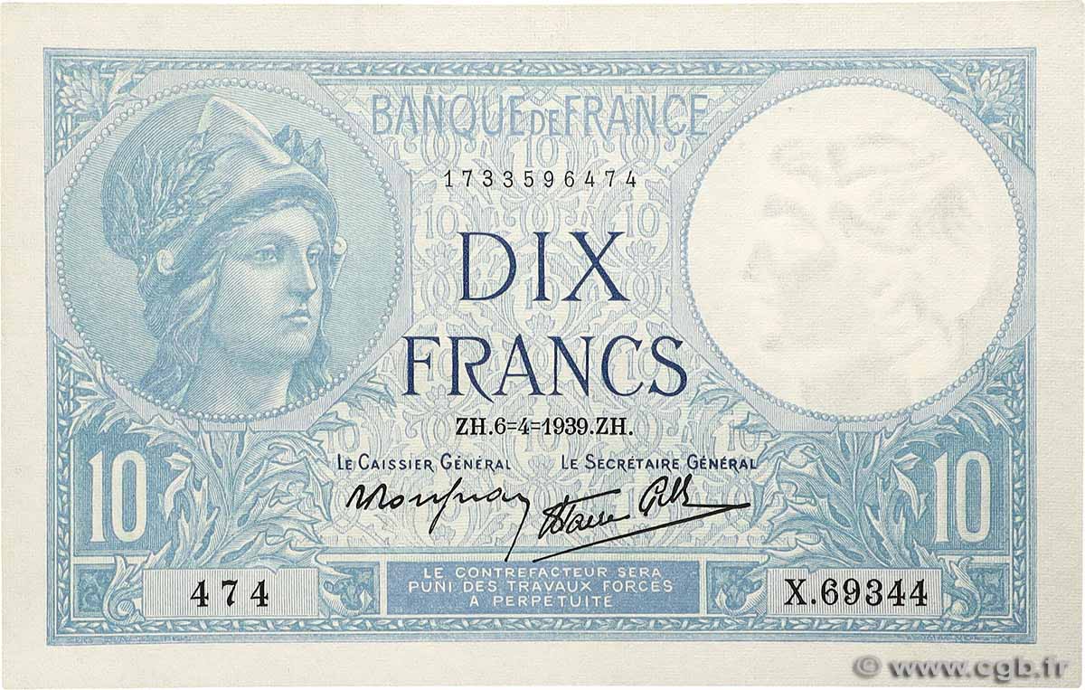 10 Francs MINERVE modifié FRANCE  1939 F.07.02 VF+