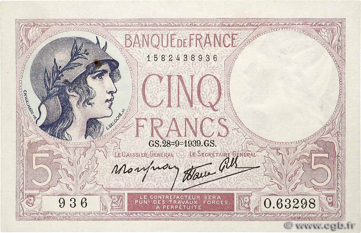 5 Francs FEMME CASQUÉE modifié FRANCE  1939 F.04.10 XF+