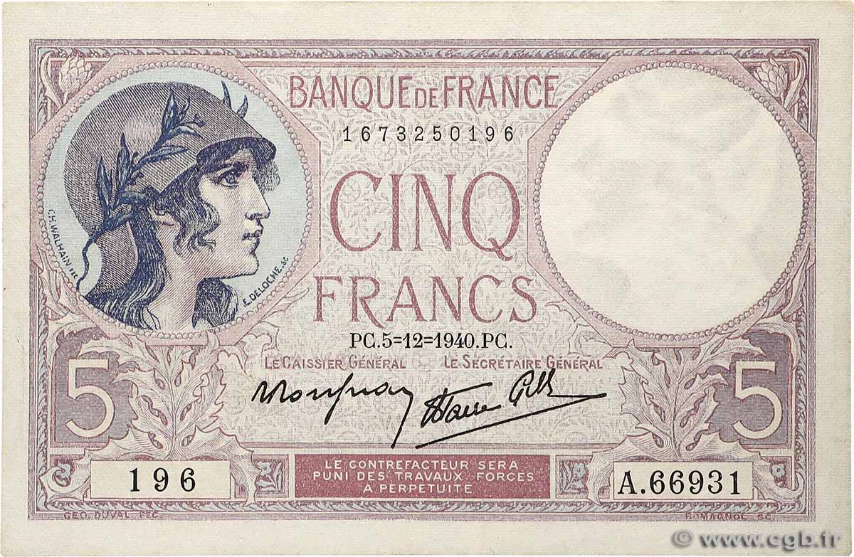 5 Francs FEMME CASQUÉE modifié FRANCE  1940 F.04.16 XF