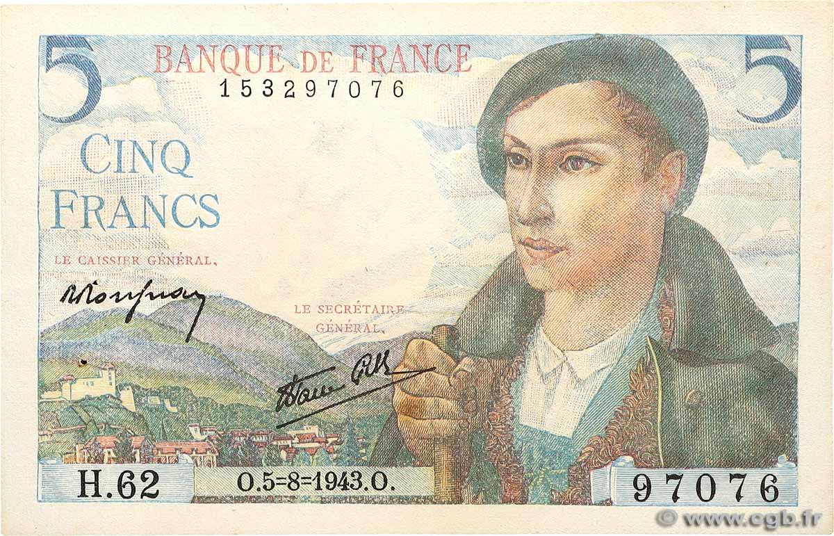 5 Francs BERGER FRANCE  1943 F.05.03 XF