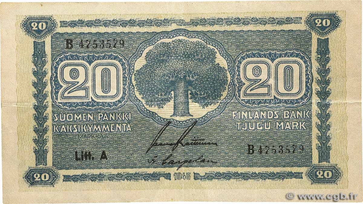 20 Markkaa FINLAND  1945 P.078a VF