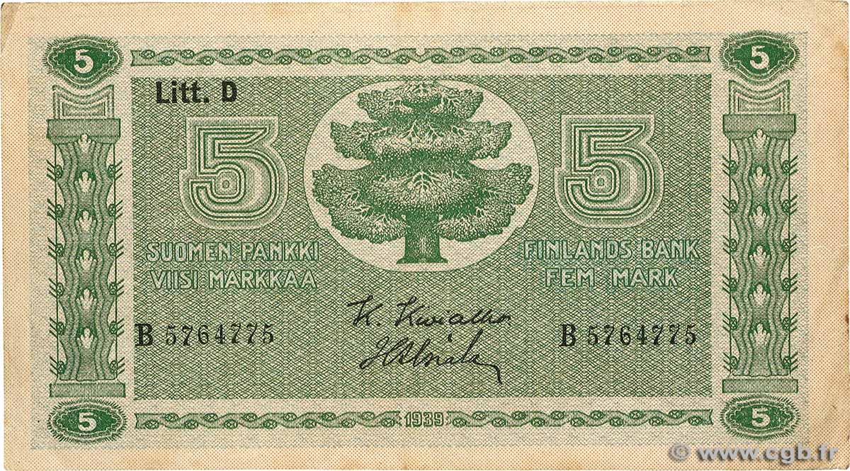 5 Markkaa FINLAND  1939 P.069a VF+
