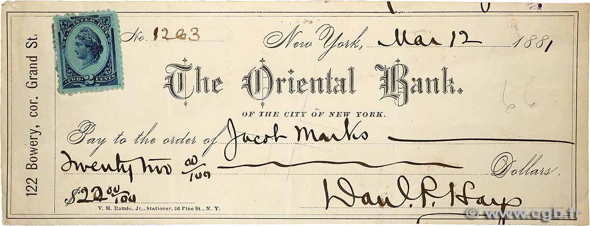 22 Dollars UNITED STATES OF AMERICA New York 1881 P.- VF+