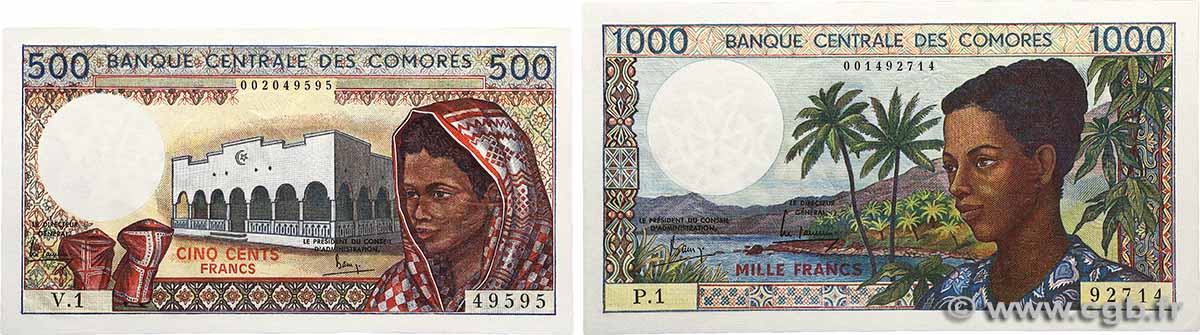 500 et 1000 Francs Lot COMORAS  1986 P.10a1 et P.11a SC+