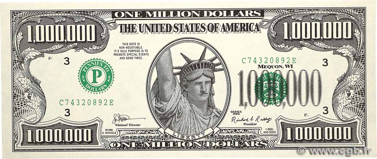 1000000 Dollars UNITED STATES OF AMERICA  1996  UNC