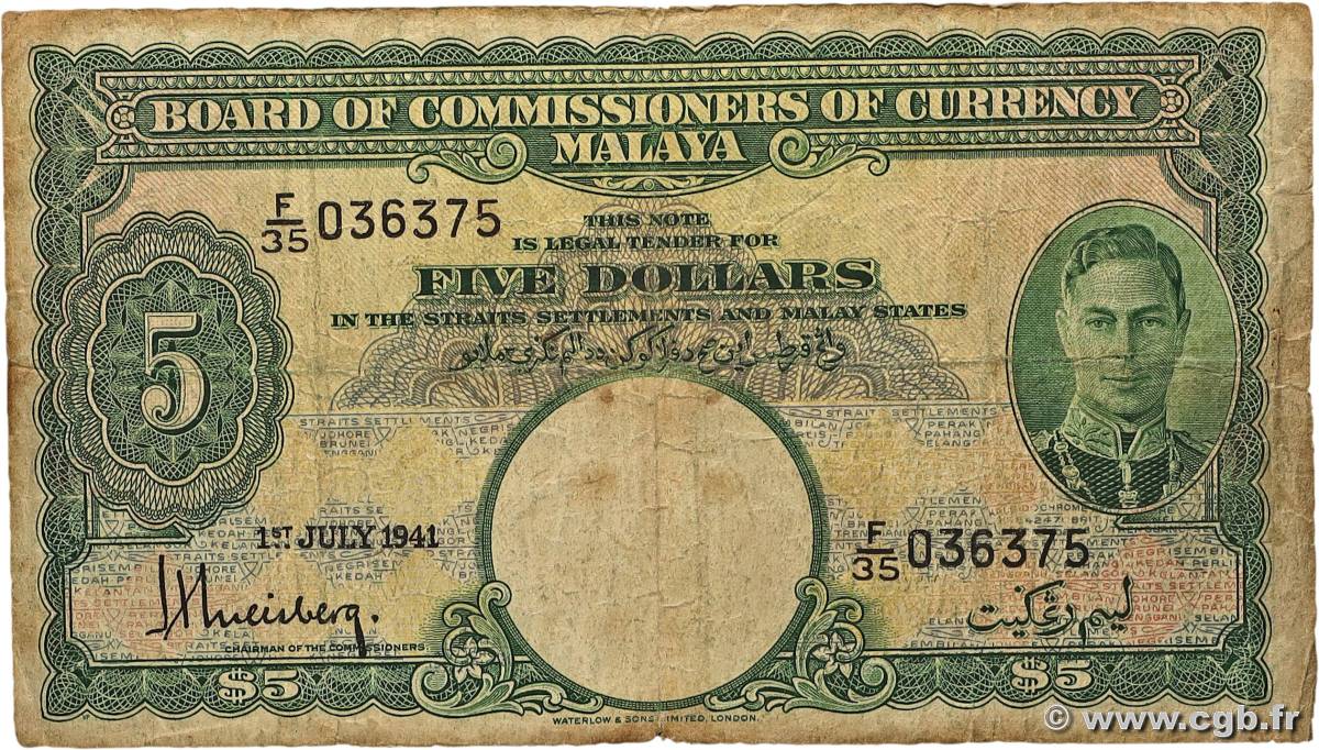 5 Dollars MALAYA  1941 P.12 B+