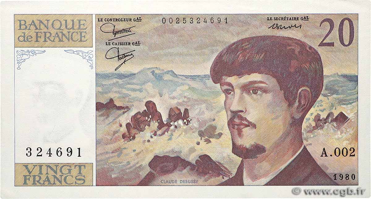 20 Francs DEBUSSY FRANCE  1980 F.66.01A2 AU+