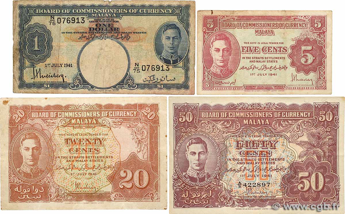 5 Cents à 1 Dollar Lot MALAYA  1941 P.07 au P.11 F - VF