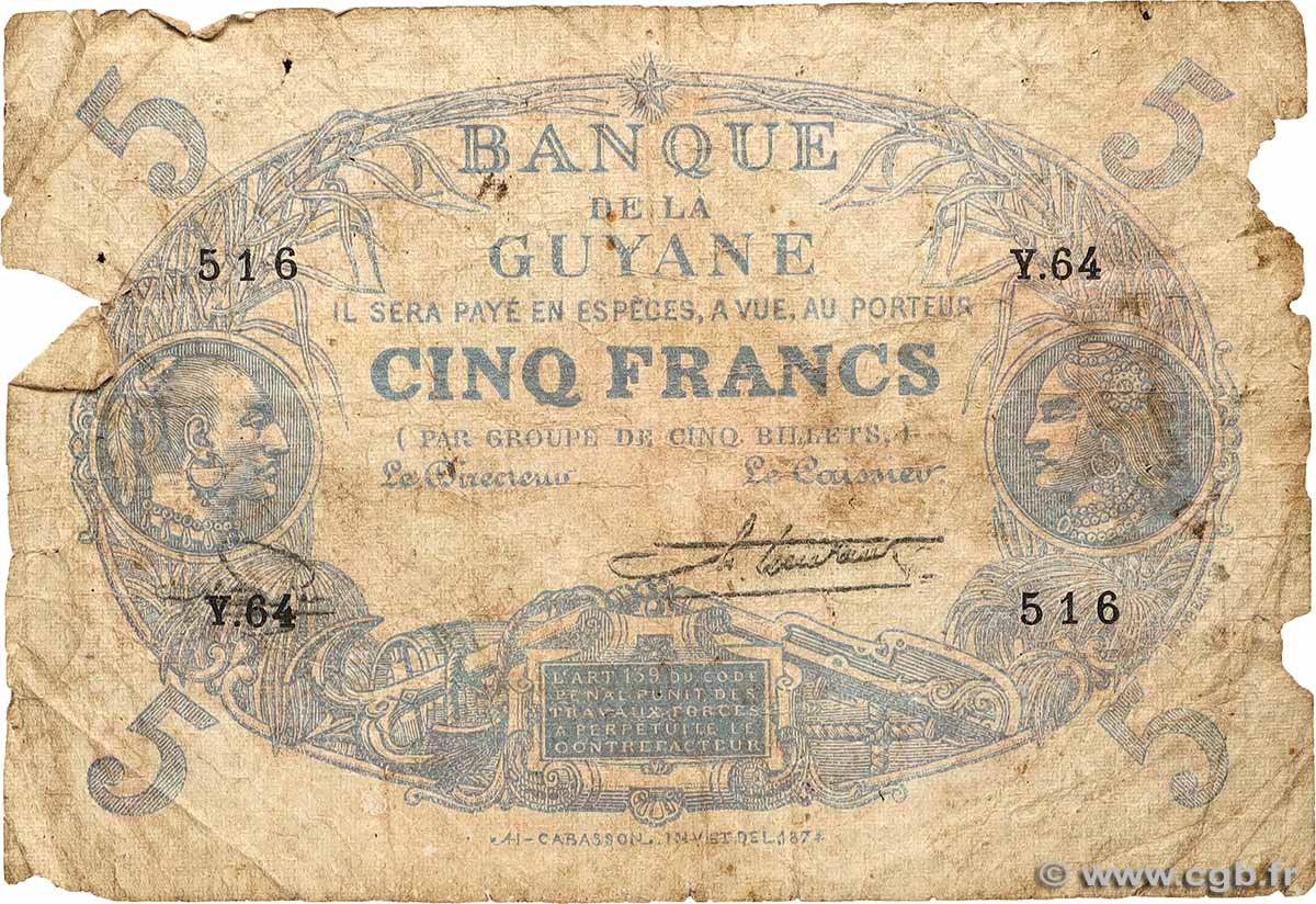 5 Francs Cabasson bleu FRENCH GUIANA  1947 P.01e G