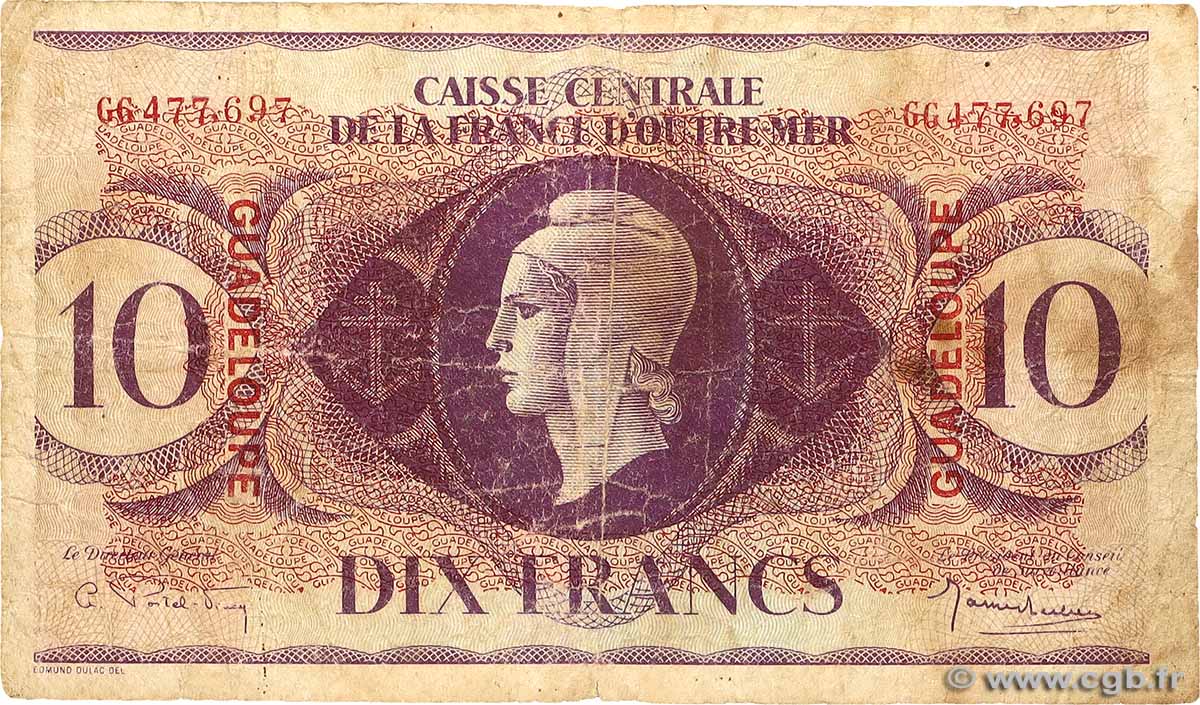 10 Francs GUADELOUPE  1944 P.27a G