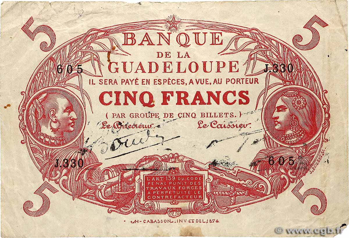 5 Francs Cabasson rouge GUADELOUPE  1943 P.07 F