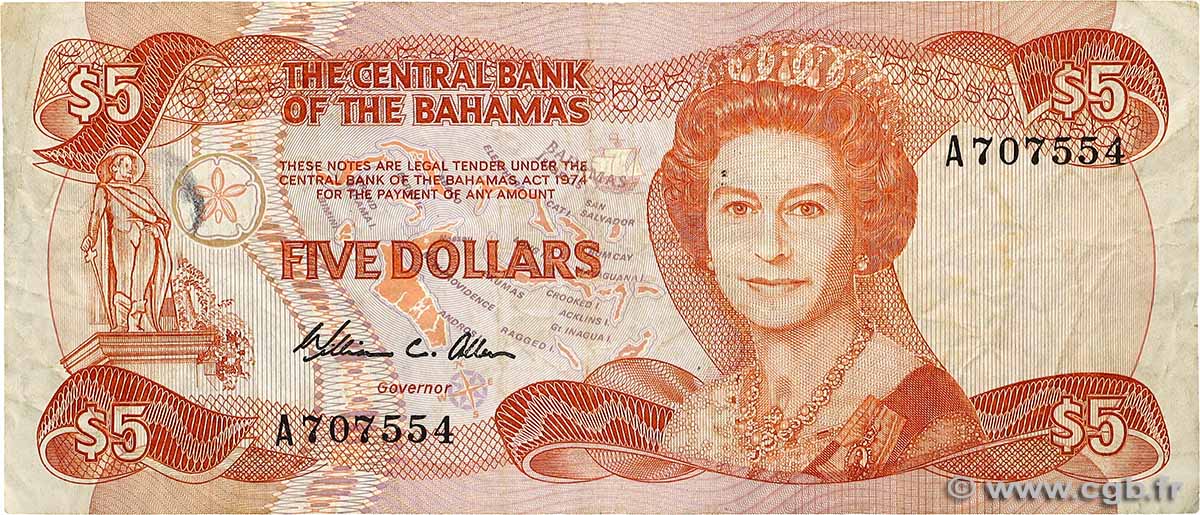 5 Dollars BAHAMAS  1984 P.45a MB