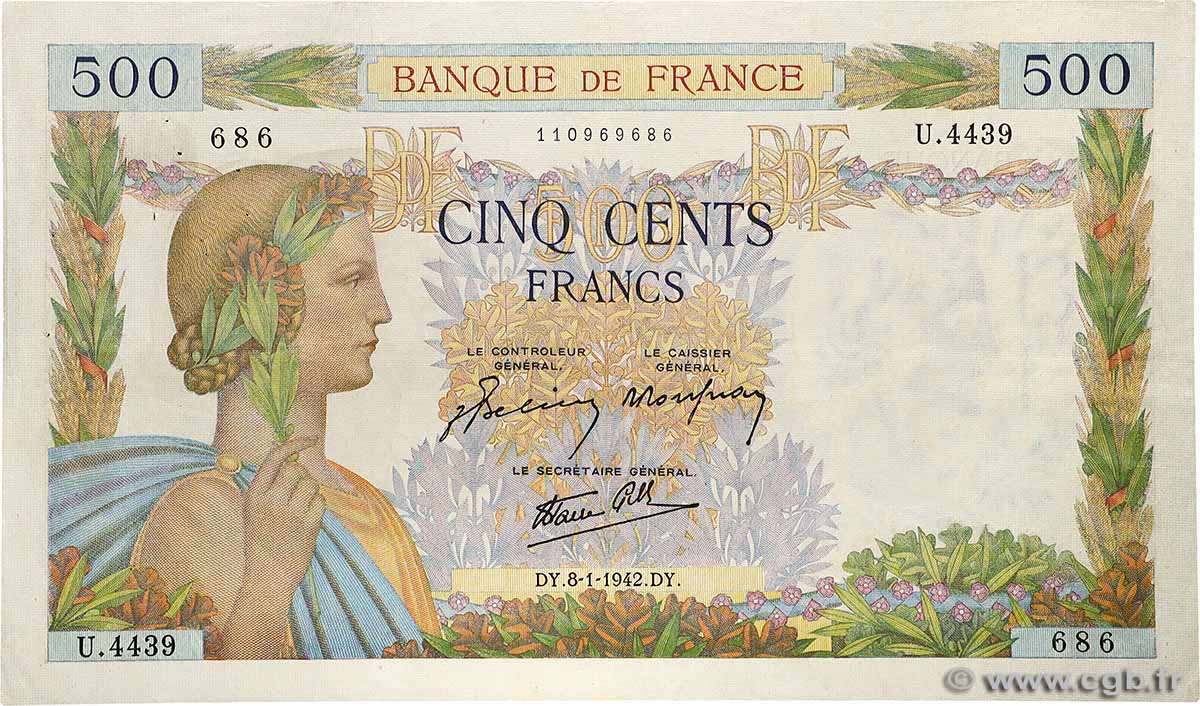 500 Francs LA PAIX FRANCE  1942 F.32.27 VF