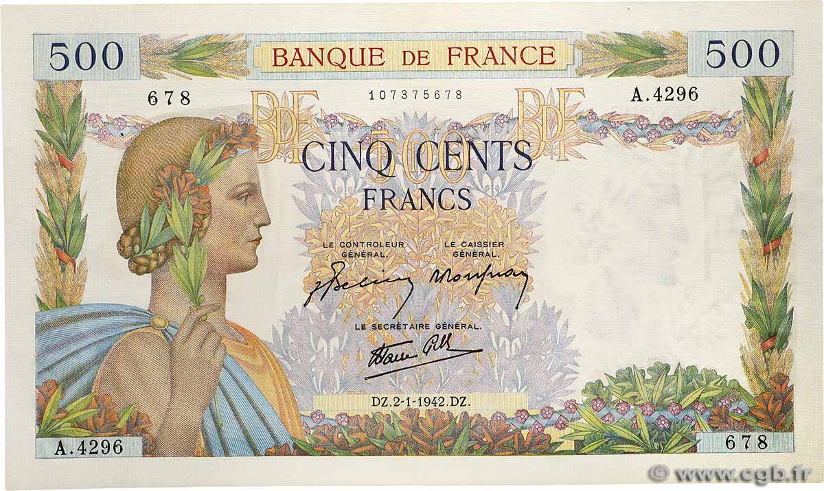 500 Francs LA PAIX FRANCE  1942 F.32.26 AU