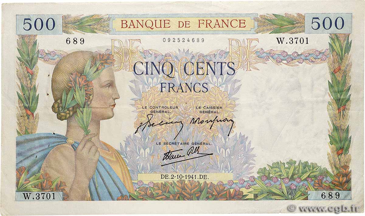 500 Francs LA PAIX FRANCE  1941 F.32.22 VF