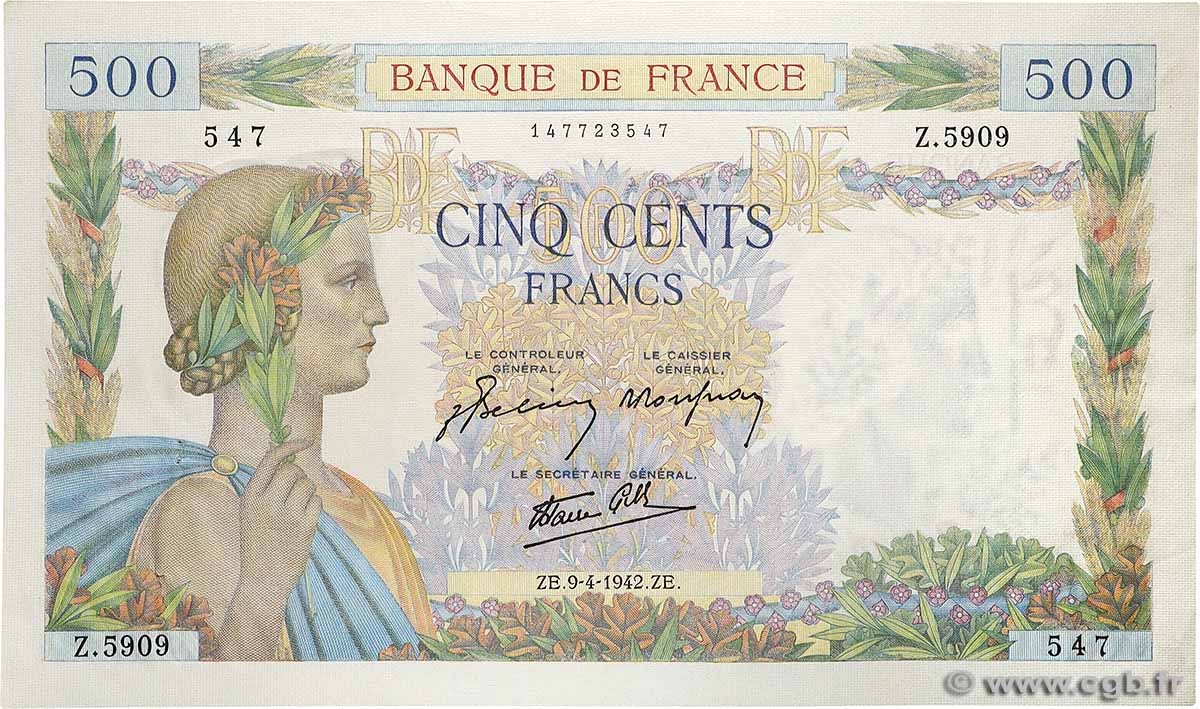 500 Francs LA PAIX FRANCE  1942 F.32.34 AU