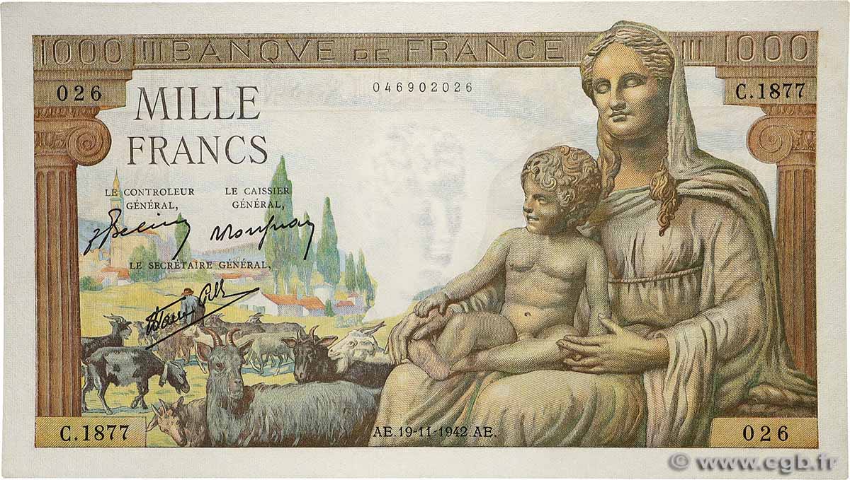1000 Francs DÉESSE DÉMÉTER FRANCE  1942 F.40.11 UNC-