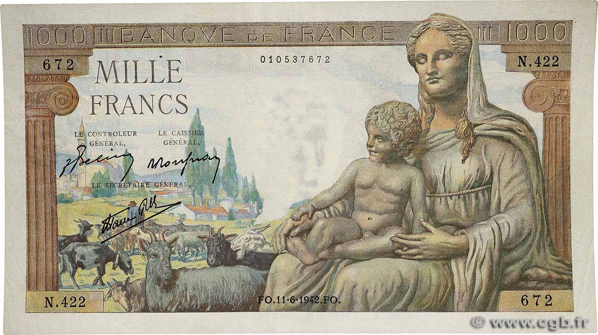 1000 Francs DÉESSE DÉMÉTER FRANCE  1942 F.40.02 VF