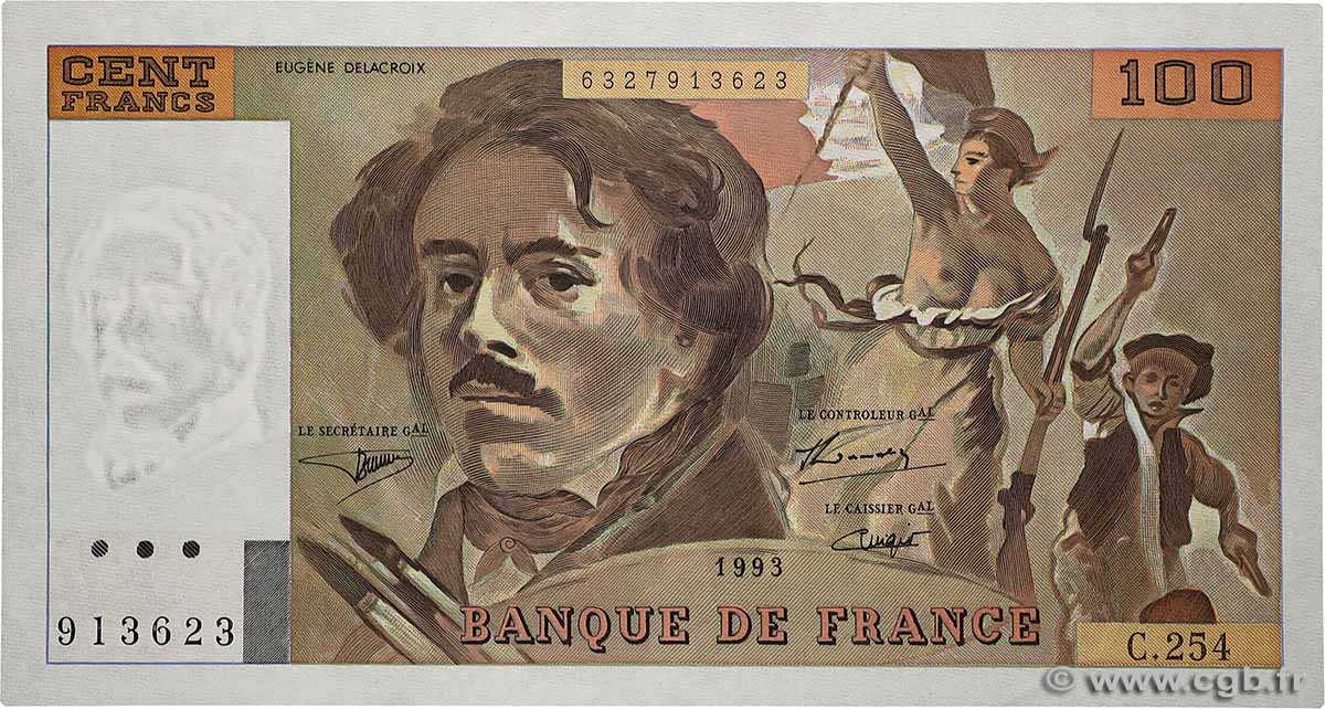 100 Francs DELACROIX imprimé en continu FRANCE  1993 F.69Bis.08 UNC-