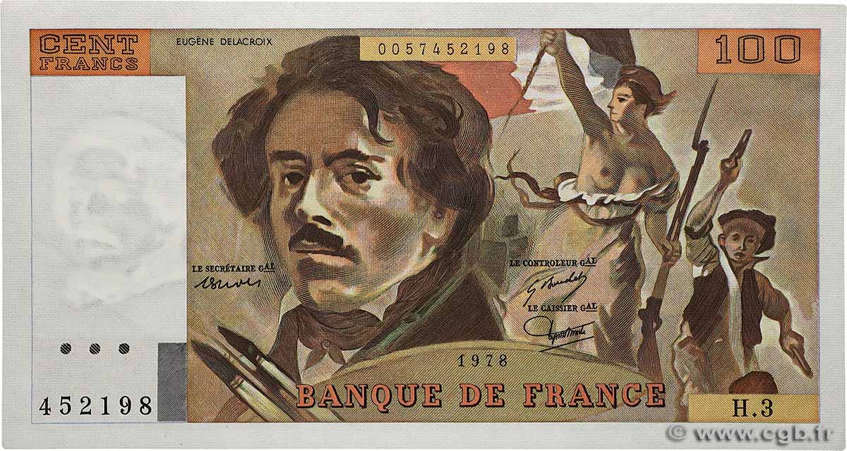 100 Francs DELACROIX FRANCE  1978 F.68.03 AU+