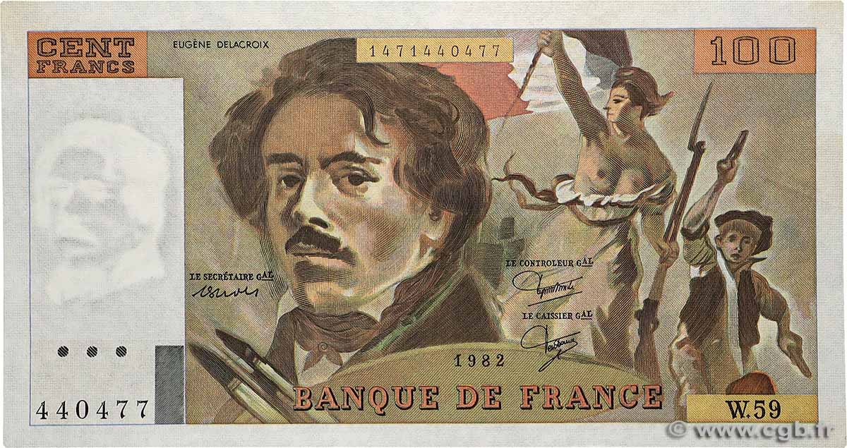 100 Francs DELACROIX modifié FRANCE  1982 F.69.06 UNC-