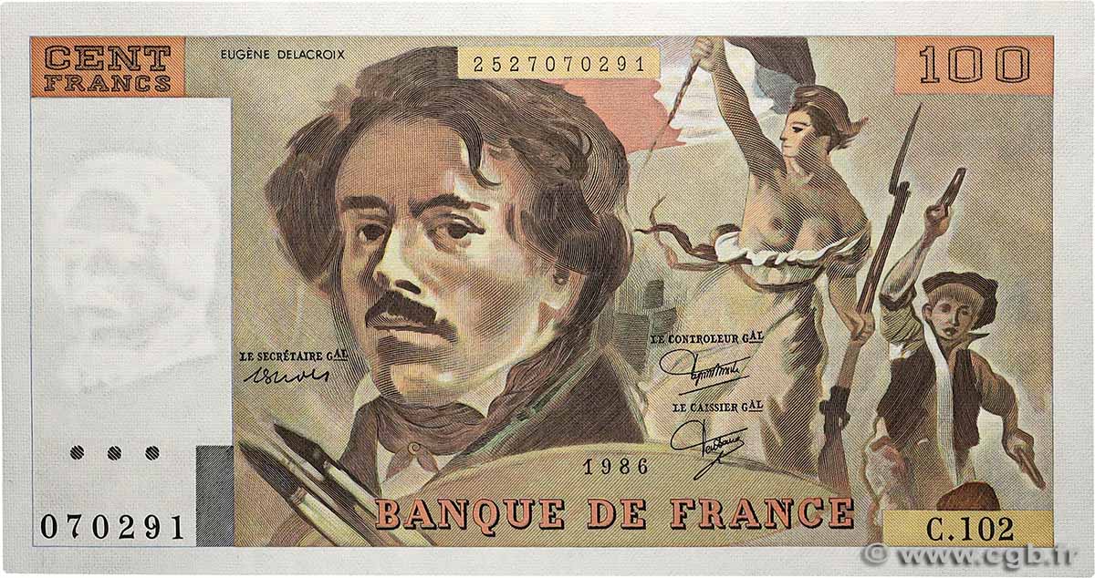 100 Francs DELACROIX modifié FRANCE  1986 F.69.10 AU+