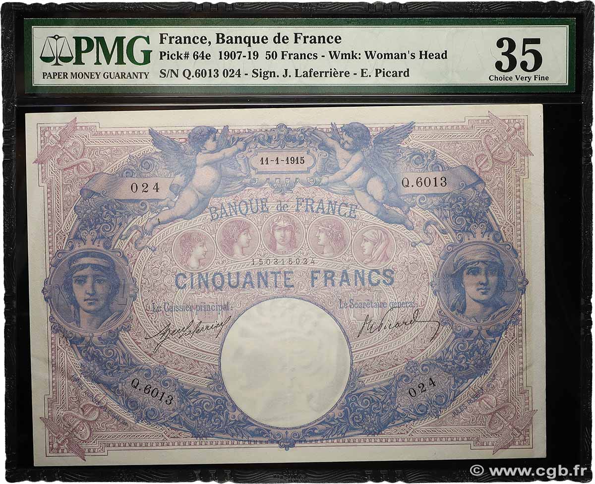 50 Francs BLEU ET ROSE FRANCE  1915 F.14.28 VF+
