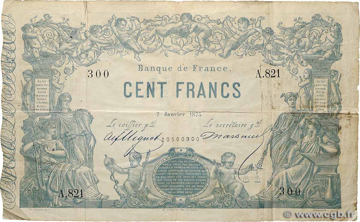 100 Francs type 1862 - Bleu à indices Noirs FRANCE  1875 F.A39.11 F+